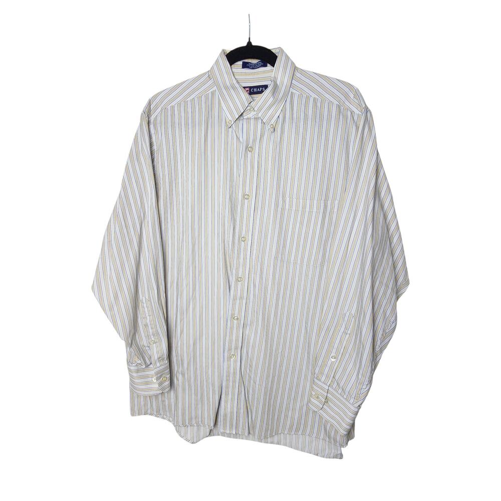 Chap Men’s Size 16-16.5 32-33 Button-Down Shirt Tan and Blue Striped Classic Fit